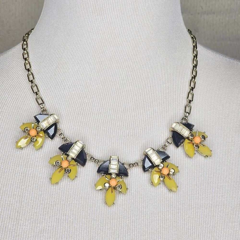 Talbots Flower Leave Gold Tone Statement Bib Necklace Blue Yellow Clear Pink